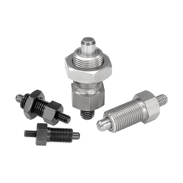 Indexing Plunger, threaded pin, inch, 3/8-16. Steel, hardened.
